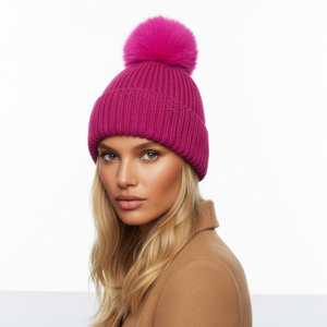 POM POM BEANIE IN CASHMERE & ANGORA ,  FUCSHIA