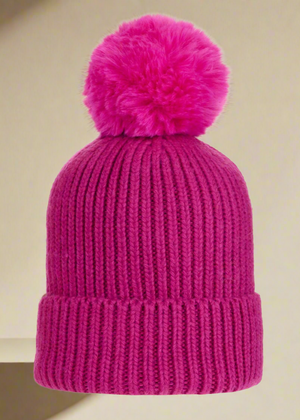 POM POM BEANIE IN CASHMERE & ANGORA ,  FUCSHIA