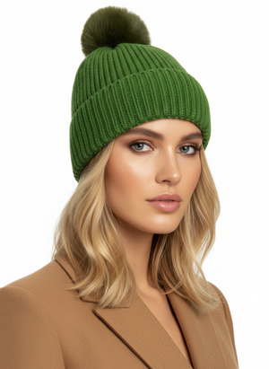 POM POM BEANIE IN CASHMERE & ANGORA  , GREEN