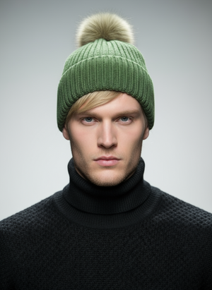 POM POM BEANIE IN CASHMERE & ANGORA  , GREEN