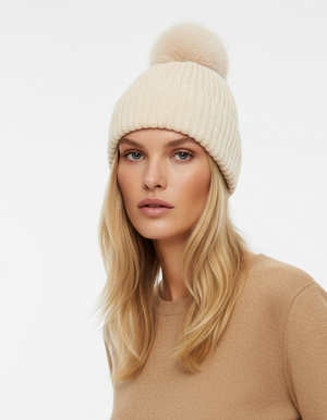 POM POM BEANIE IN CASHMERE & ANGORA , CREAM