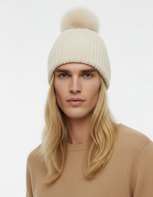 POM POM BEANIE IN CASHMERE & ANGORA , CREAM