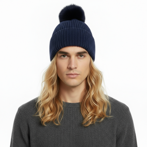 POP POM BEANIE IN CASHMERE & ANGORA , NAVY