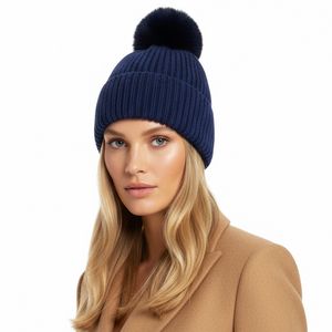POP POM BEANIE IN CASHMERE & ANGORA , NAVY