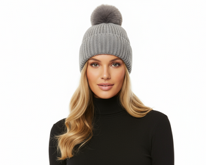 POM POM BEANIE IN CASHMERE & ANGORA , GREY