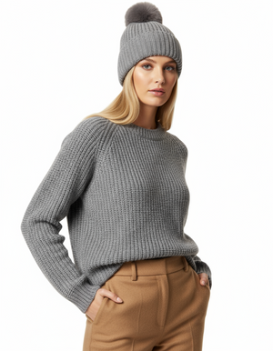 POM POM BEANIE IN CASHMERE & ANGORA , GREY
