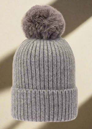 POM POM BEANIE IN CASHMERE & ANGORA , TAUPE