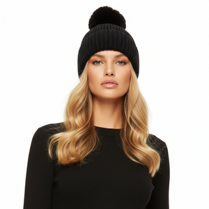 POM POM BEANIE IN CASHMERE & ANGORA , BLACK