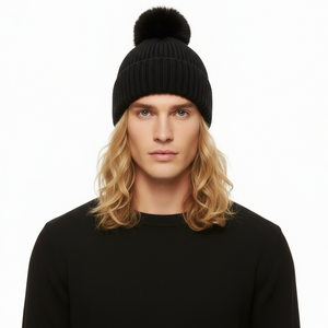 POM POM BEANIE IN CASHMERE & ANGORA , BLACK