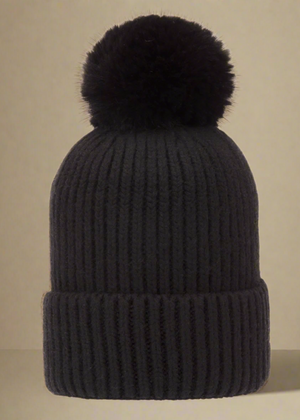 POM POM BEANIE IN CASHMERE & ANGORA , BLACK