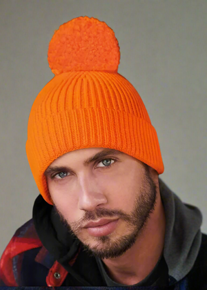 POM POM BEANIE IN CASHMERE & ANGORA , ORANGE