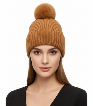 POM POM BEANIE IN CASHMERE & ANGORA , TAN