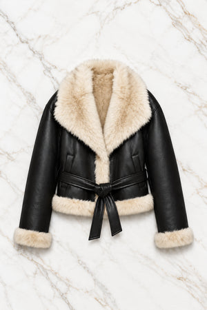 FAUX SHEEPSKIN & FUR BELTED JACKET , BLACK