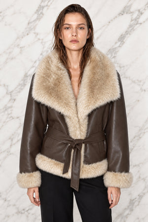 FAUX SHEEPSKIN & FUR BELTED JACKET , CHOCOLATE