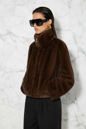 FAUX FUR JACKET , DARK CHOCOLATE