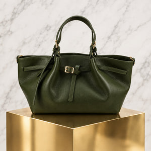 LARGE BELTED TRAPEZE TOTE , GREEN
