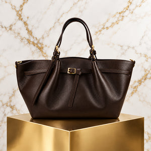 LARGE BELTED TRAPEZE TOTE , DARK CHOCOLATE BROWN