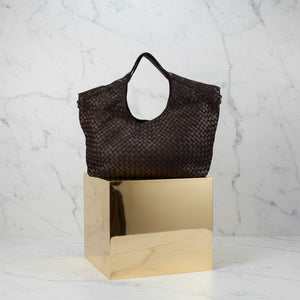 VANESSA , WOVEN LEATHER TOTE BAG , DARK CHOCOLATE