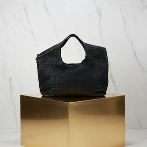 VANESSA , WOVEN LEATHER TOTE BAG , BLACK