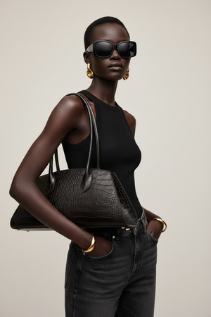 FRANCESCA , MOCK-CROCK SHOULDER BAG , BLACK