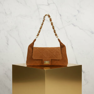MARLENE , QUILTED SUEDE SHOULDER BAG , TAN