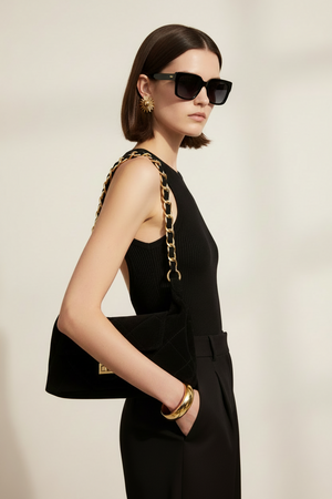 MARLENE , QUILTED SUEDE SHOULDER BAG , BLACK