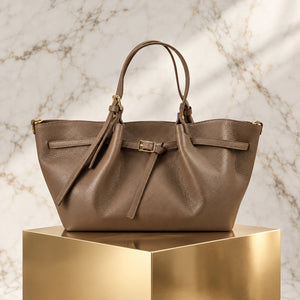 LARGE BELTED TRAPEZE TOTE , TAUPE