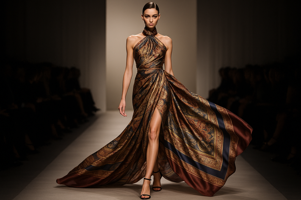 create a hyper-realistic image of a high fashion runway model walking down the catwalk , extremely very tall and statuesque . She is wearing a couture outfit crafted from a silk scarf from www.marcotripoli.com SILK SCARF COLLECTION 