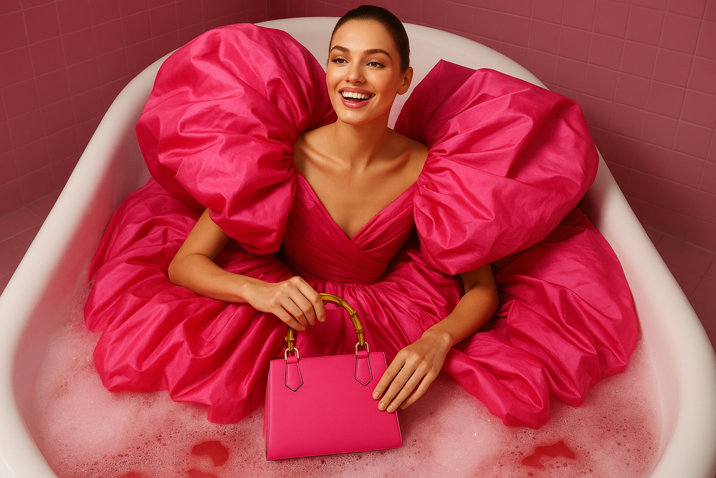 create a photographic image of a beautiful female model wearing a very big pink taffeta dress very volumenous , while sitting in a bubble bath with the bath soap matching the colour of the dress , she is holding a pink bag on her hand , the bag has a bamboo handle , the image is very high fashion editorial , loads of fun , like the shoot for a magazine , very glossy , happy , fun 
