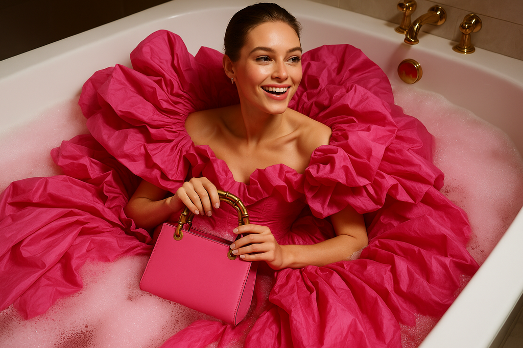 create a photographic image of a beautiful female model wearing a very big pink taffeta dress very volumenous , while sitting in a bubble bath with the bath soap matching the colour of the dress , she is holding a pink bag on her hand , the bag has a bamboo handle , the image is very high fashion editorial , loads of fun , like the shoot for a magazine , very glossy , happy , fun 