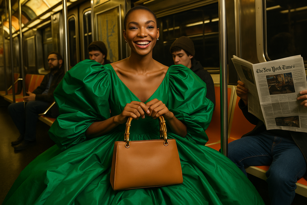Create a photographic image of a model sitting inside a busy New York underground train , while holding a handbag with the bamboo handle , she is wearing a very big and puffy and voluminous green taffeta dress , there are other people sitting next to her , one is reading the New York Times newspaper , she looks confident . this image is fun , she is smiling , this is a high fashion editorial photograph , very glossy , fun and exciting . the attention is of course on the bag with the bamboo handle 
