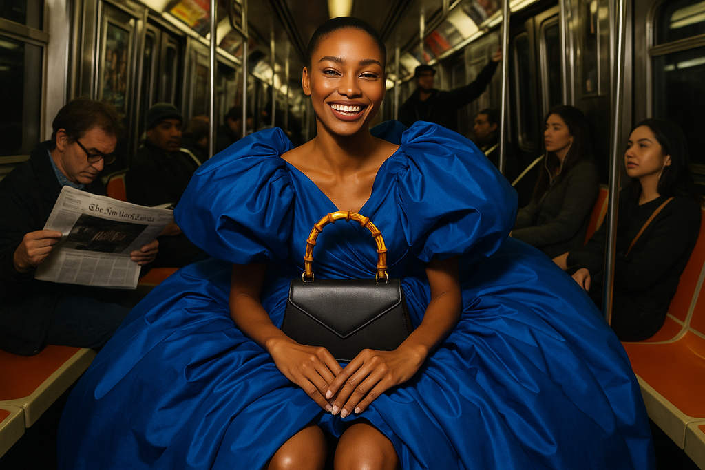 Create a photographic image of a model sitting inside a busy New York underground train , while holding a handbag with the bamboo handle , she is wearing a very big and puffy and voluminous blue taffeta dress , there are other people sitting next to her , one is reading the New York Times newspaper , she looks confident . this image is fun , she is smiling , this is a high fashion editorial photograph , very glossy , fun and exciting . the attention is of course on the bag with the bamboo handle 