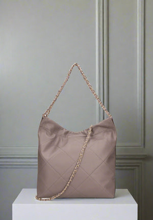 AURELIE , QUILTED LEATHER SHOULDER BAG , TAUPE
