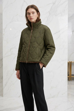 REVERSIBLE , FAUX FUR QUILTED JACKET , GREEN