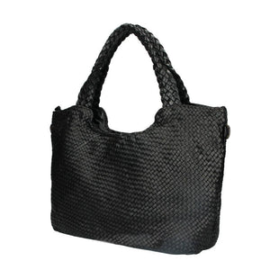 JENNY , WOVEN LEATHER TOTE BAG , BLACK