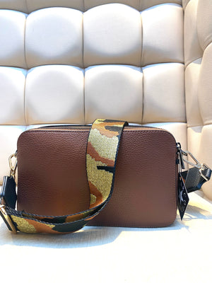 Lilly , Brown Leather Crossbody Bag with Camouflage Woven Strap