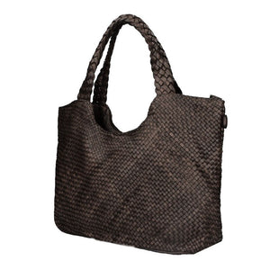 JENNY , WOVEN LEATHER TOTE BAG , CHOCOLATE