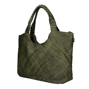 JENNY , WOVEN LEATHER TOTE BAG , GREEN